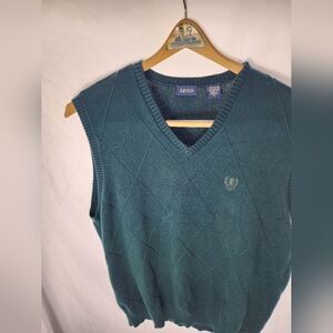 Vintage Diamond Pattern IZOD Preppy Hunter Green V Neck Sweater Vest Size M